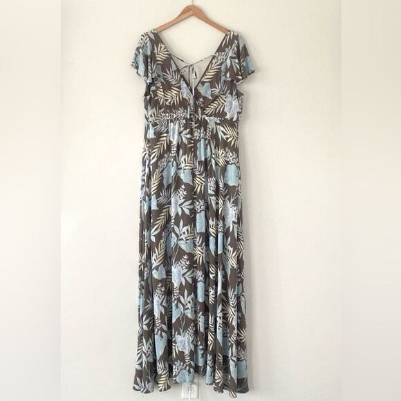 Torrid Maxi Dress sz 1 Floral Soft V-Neck Romper Ruffle Sleeve Coastal Vacation - Picture 2 of 14